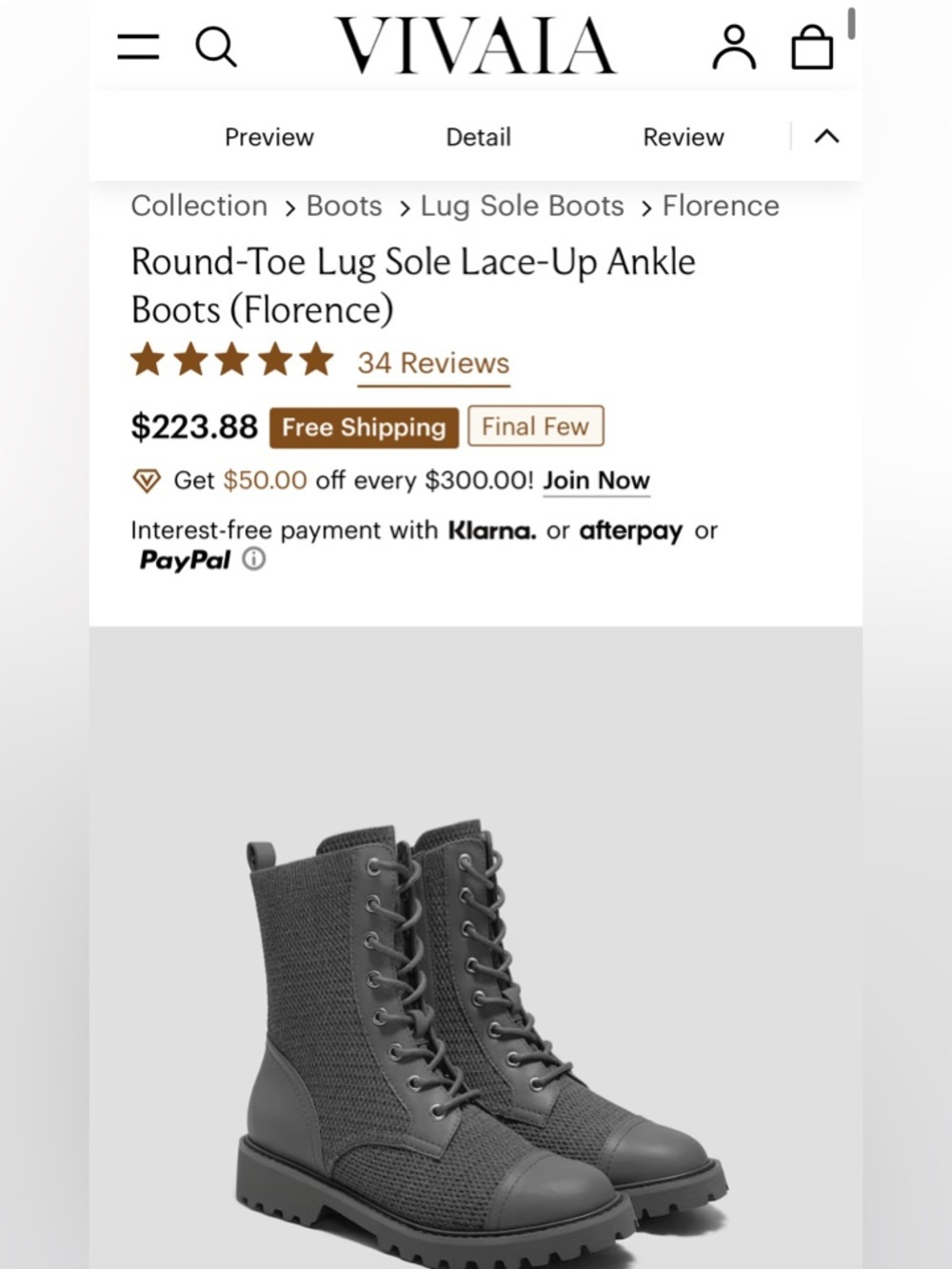 Vivaia Florence Lug Sole Combat Boots Size 9.5 Gray Rich Grey Water Repellent - Picture 9 of 12